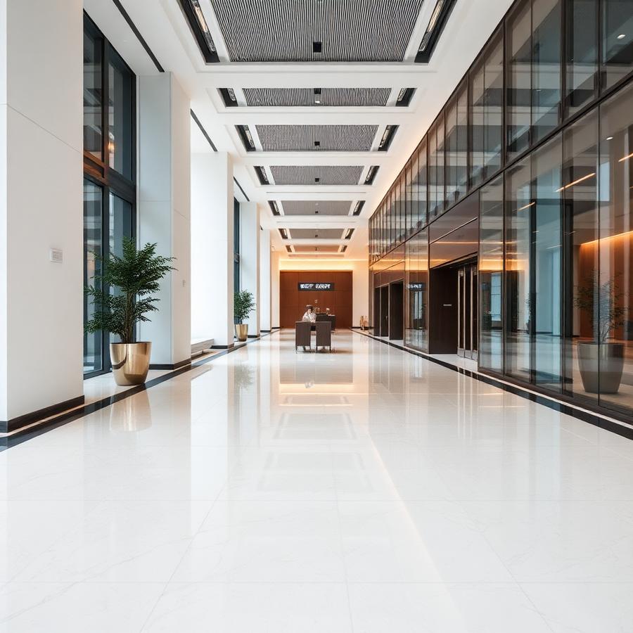 Polished flooring in a modern commercial lobby