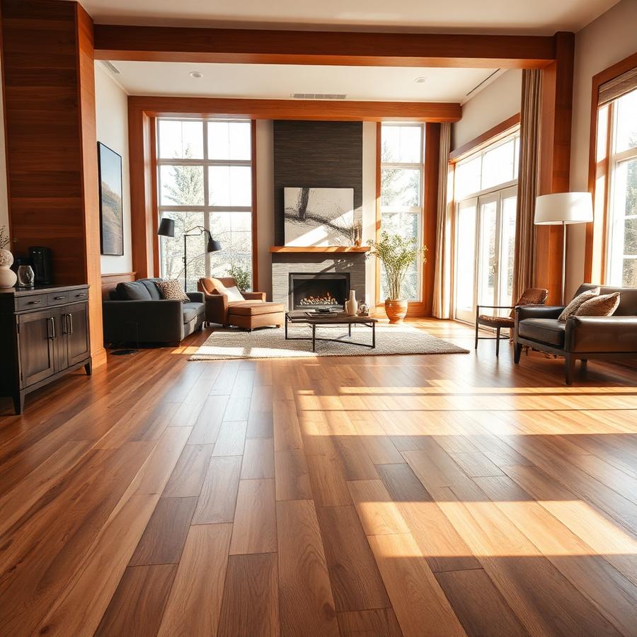 Warm hardwood flooring in a bright living room